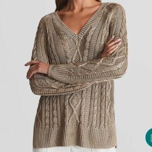 NWT Reiss V-Neck Cable Knit Sweater - Golden Taupe.